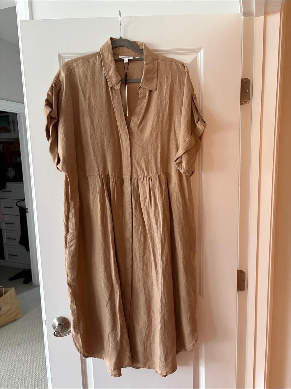Lightweight Tan Midi Shirt Dress with Gathered Waist
